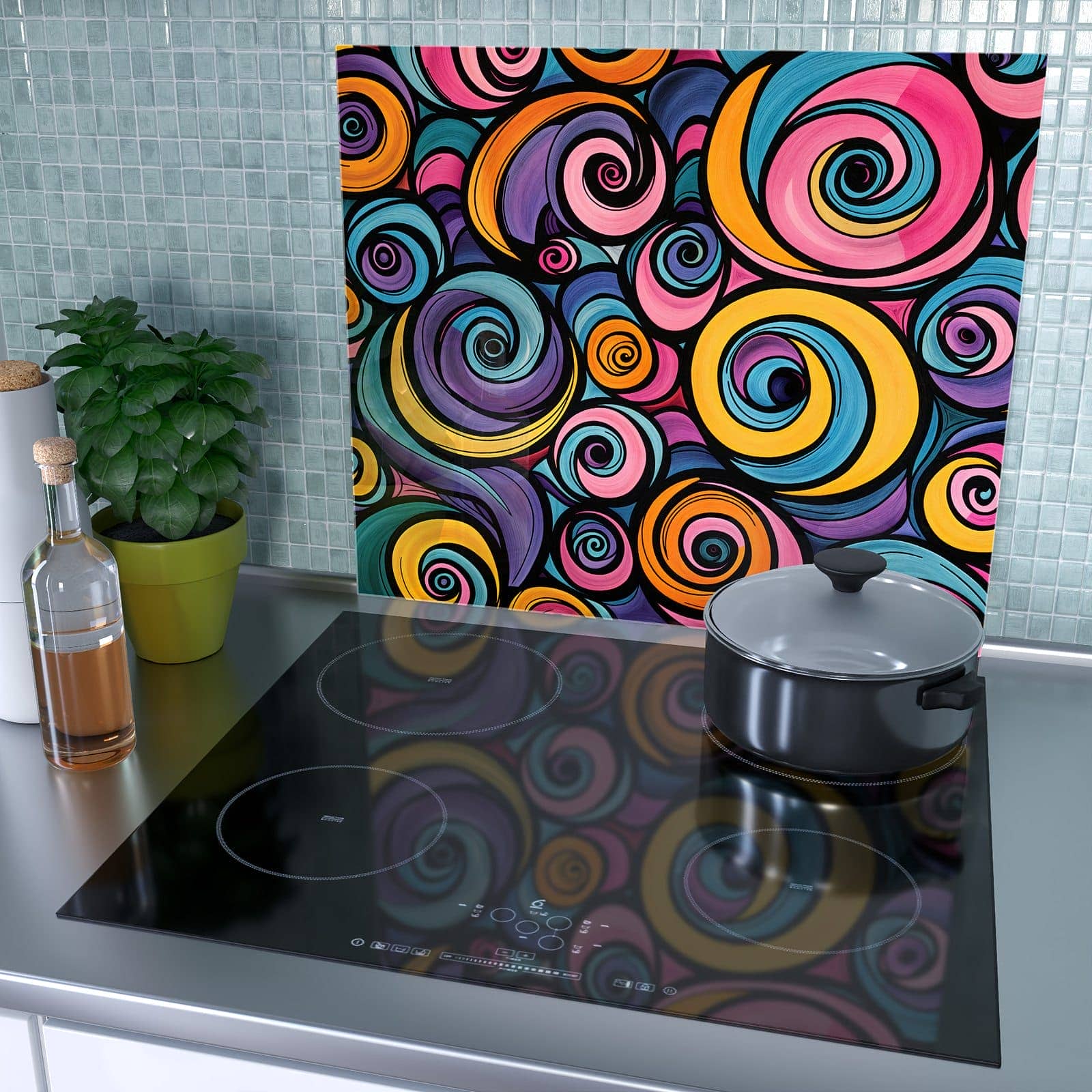 1-teilige Herdabdeckplatte mit Farbige Spiralen-Motiv als Spritzschutz hinter dem Kochfeld