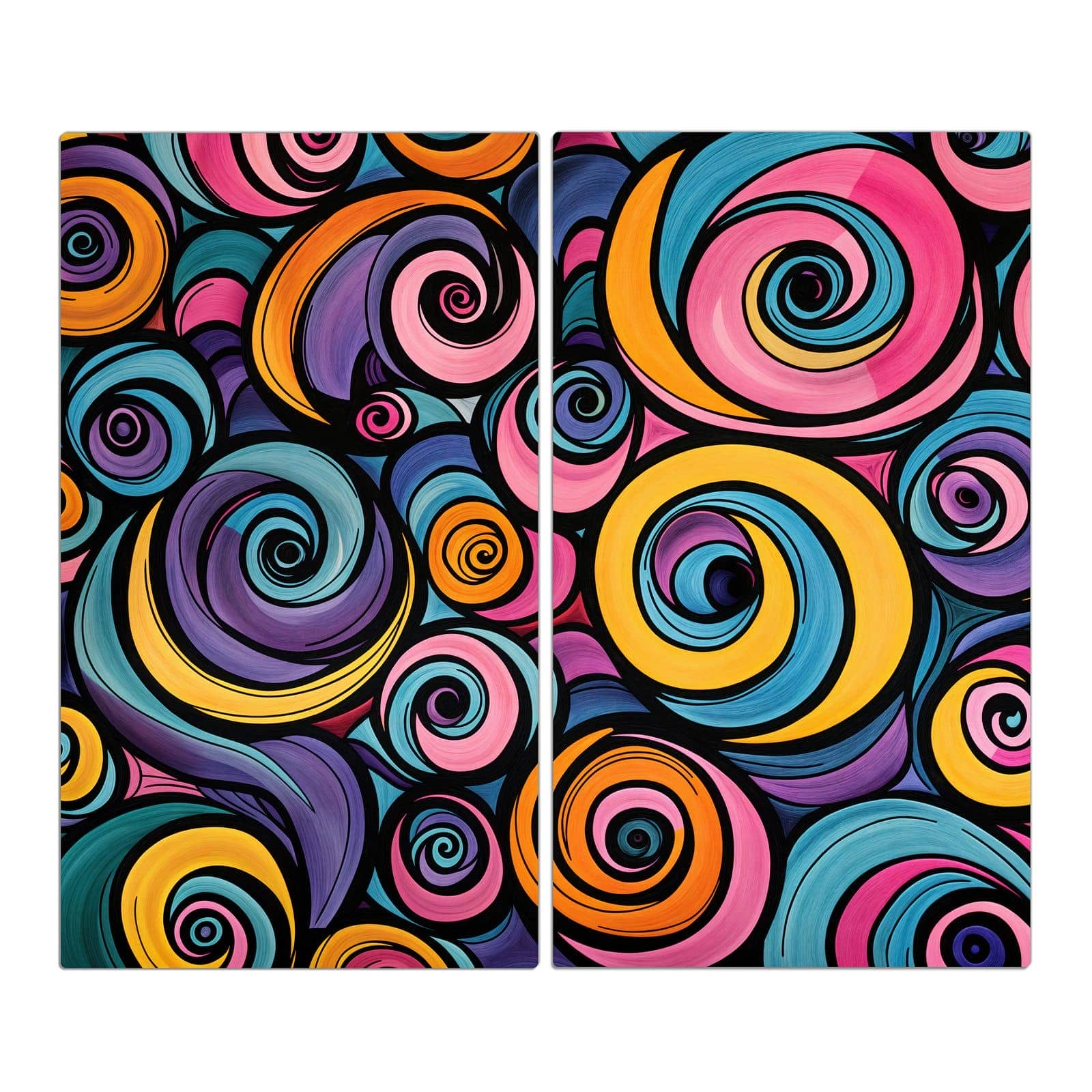 2-teilige Glasabdeckplatte für Ceranfeld mit Farbige Spiralen-Motiv in der Frontansicht #grösse_2-Teilig (60x52cm)