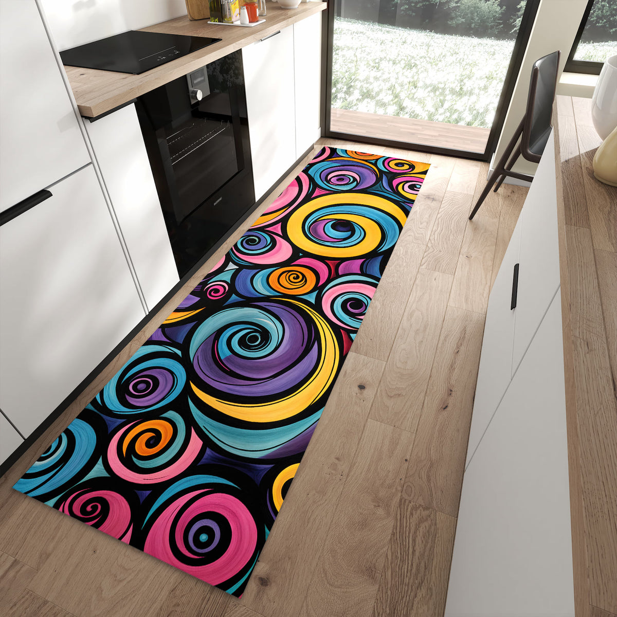 Formstabiler rutschfester Küchenläufer mit Motiv Farbige Spiralen in moderner Küche