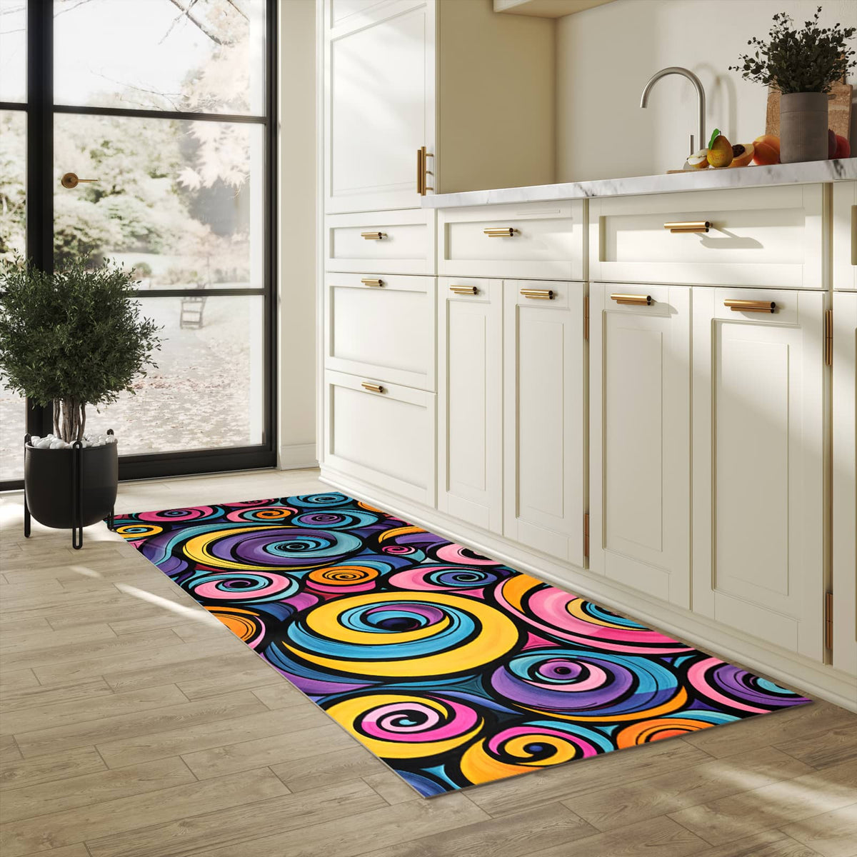 Küchenteppich mit Motiv Farbige Spiralen für Ordnung & Übersicht in heller Küche