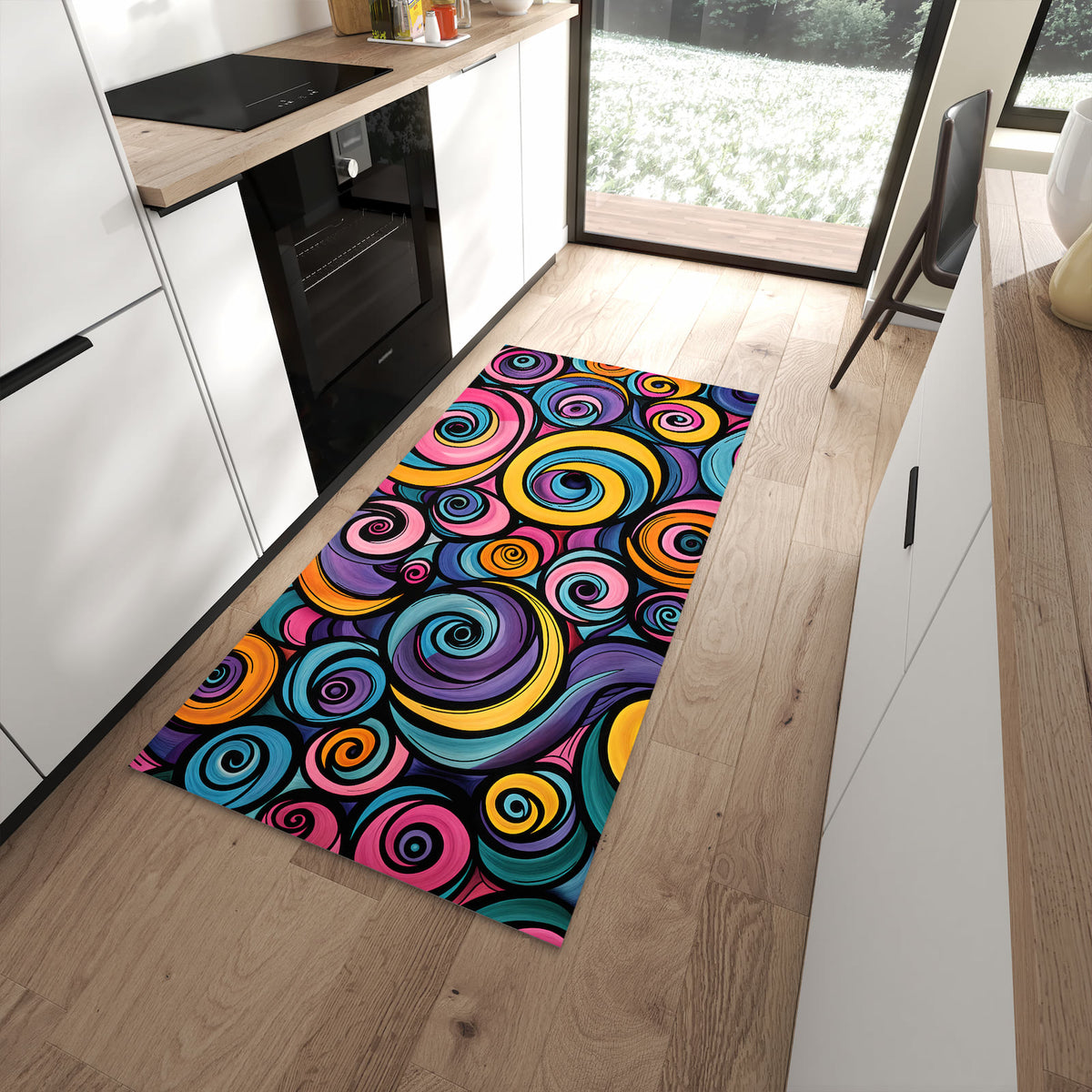 Zeitsparender rutschfester Küchenläufer mit Motiv Farbige Spiralen in moderner Küche