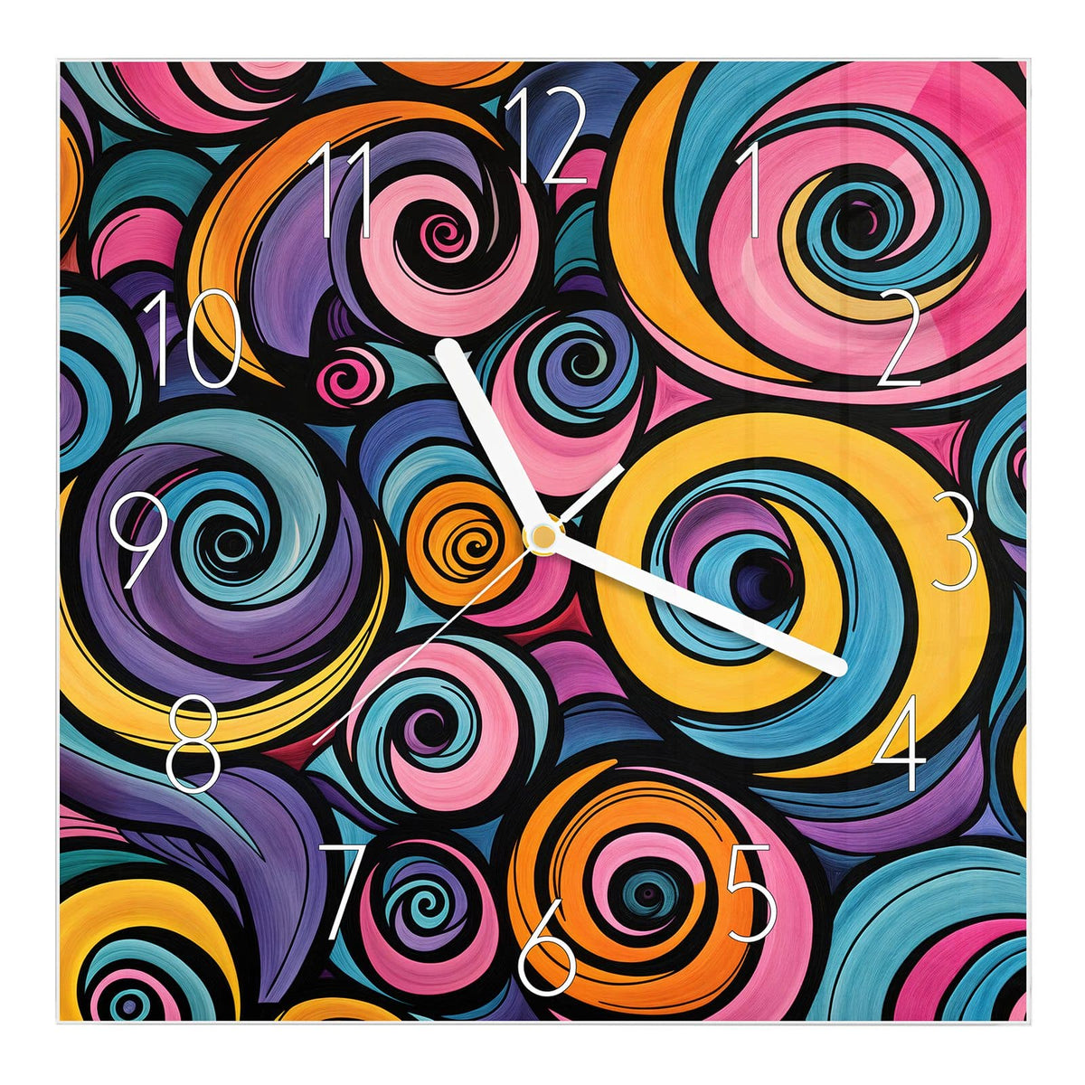 Wanduhr aus Glas, Ziffernblatt Elegant mit Motiv Farbige Spiralen: Dicht gepackte Spiralen in Pink, Orange, Blau und Violett mit schwarzen Konturen #ziffernblatt_Elegant