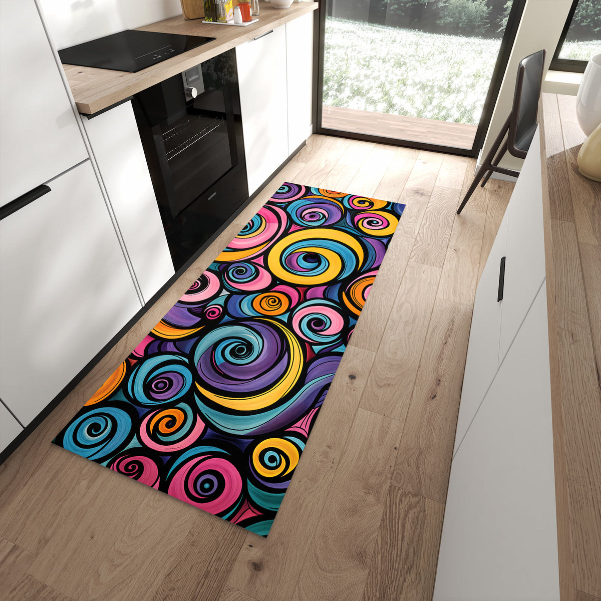 Bodenschonender Küchenläufer mit Motiv Farbige Spiralen in moderner Küche