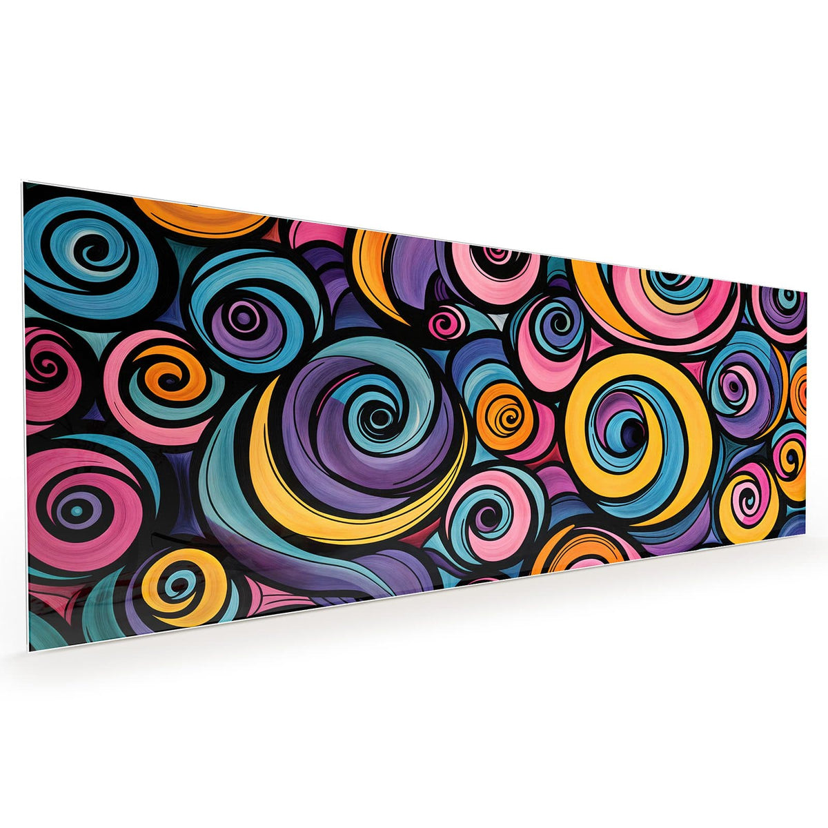 Küchenrückwand aus Glas im Hochformat mit Motiv Farbige Spiralen: Dicht gepackte Spiralen in Pink, Orange, Blau und Violett mit schwarzen Konturen #grösse_40 x 100 cm #grösse_50 x 125 cm #grösse_60 x 150 cm