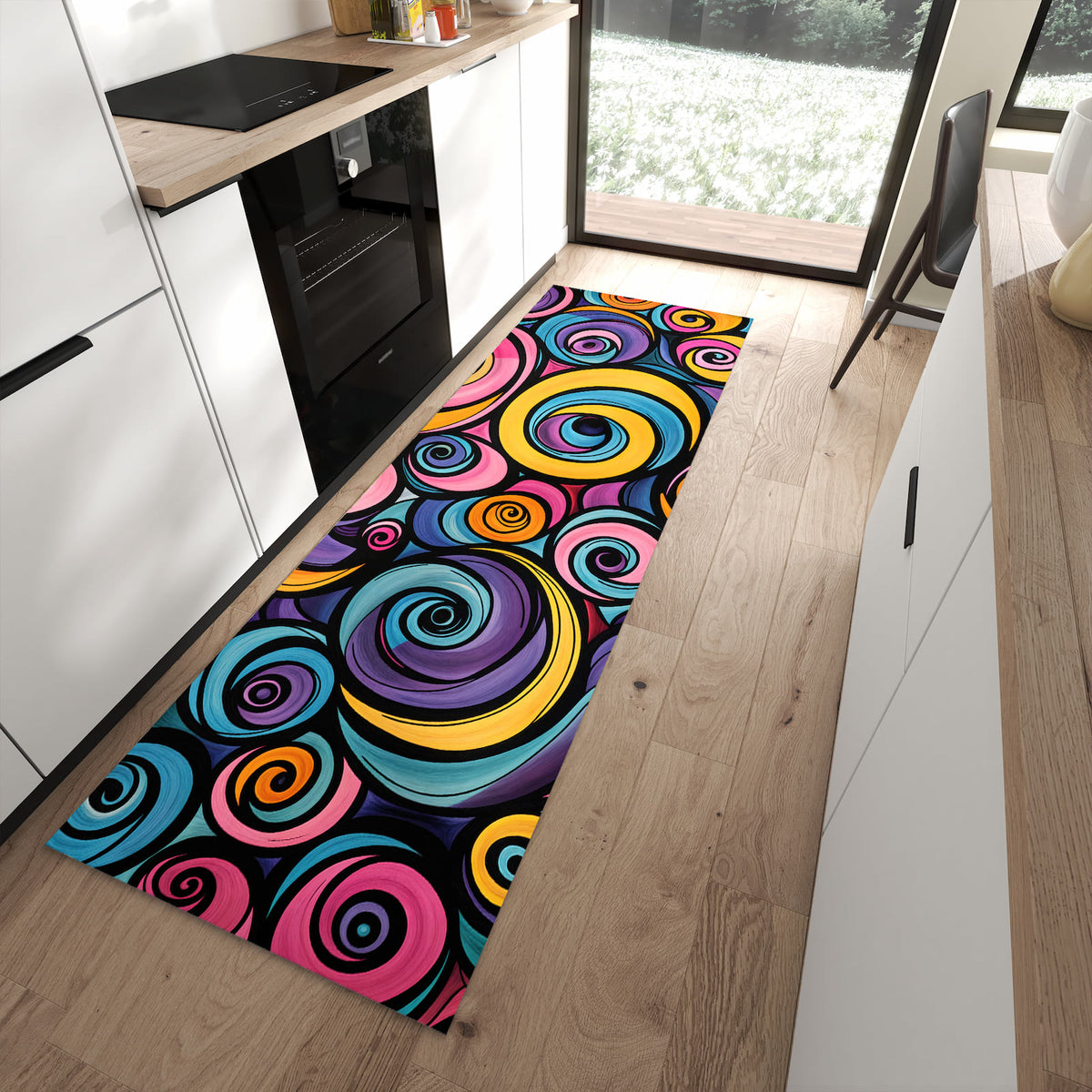 Farbbeständiger rutschfester Küchenläufer mit Motiv Farbige Spiralen in moderner Küche