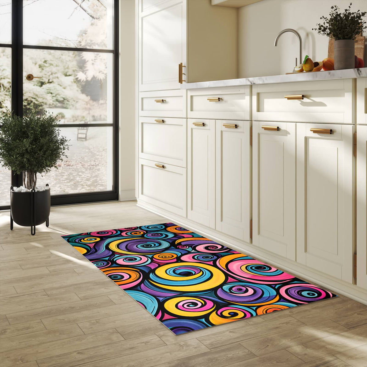 Bodenschonender Küchenteppich mit Motiv Farbige Spiralen in heller Küche