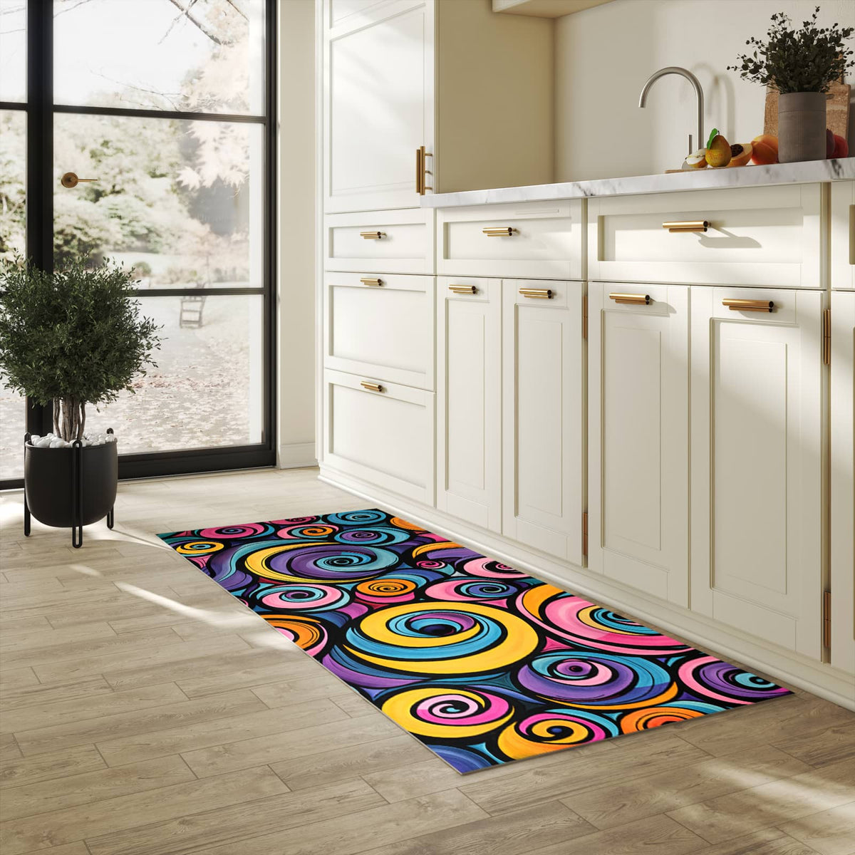 Waschbarer rutschfester Küchenteppich mit Motiv Farbige Spiralen in heller Küche