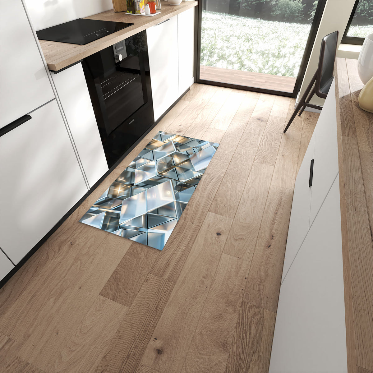 Rutschfester Küchenteppich mit Motiv Metallische Würfel für Trittkomfort in moderner Küche