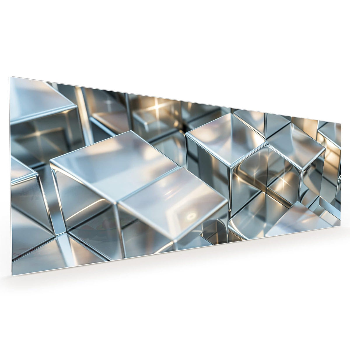 Küchenrückwand aus Glas im Hochformat mit Motiv Metallische Würfel: Dicht gestapelte, spiegelnde Chromwürfel mit Lichtreflexen #grösse_40 x 100 cm #grösse_50 x 125 cm #grösse_60 x 150 cm