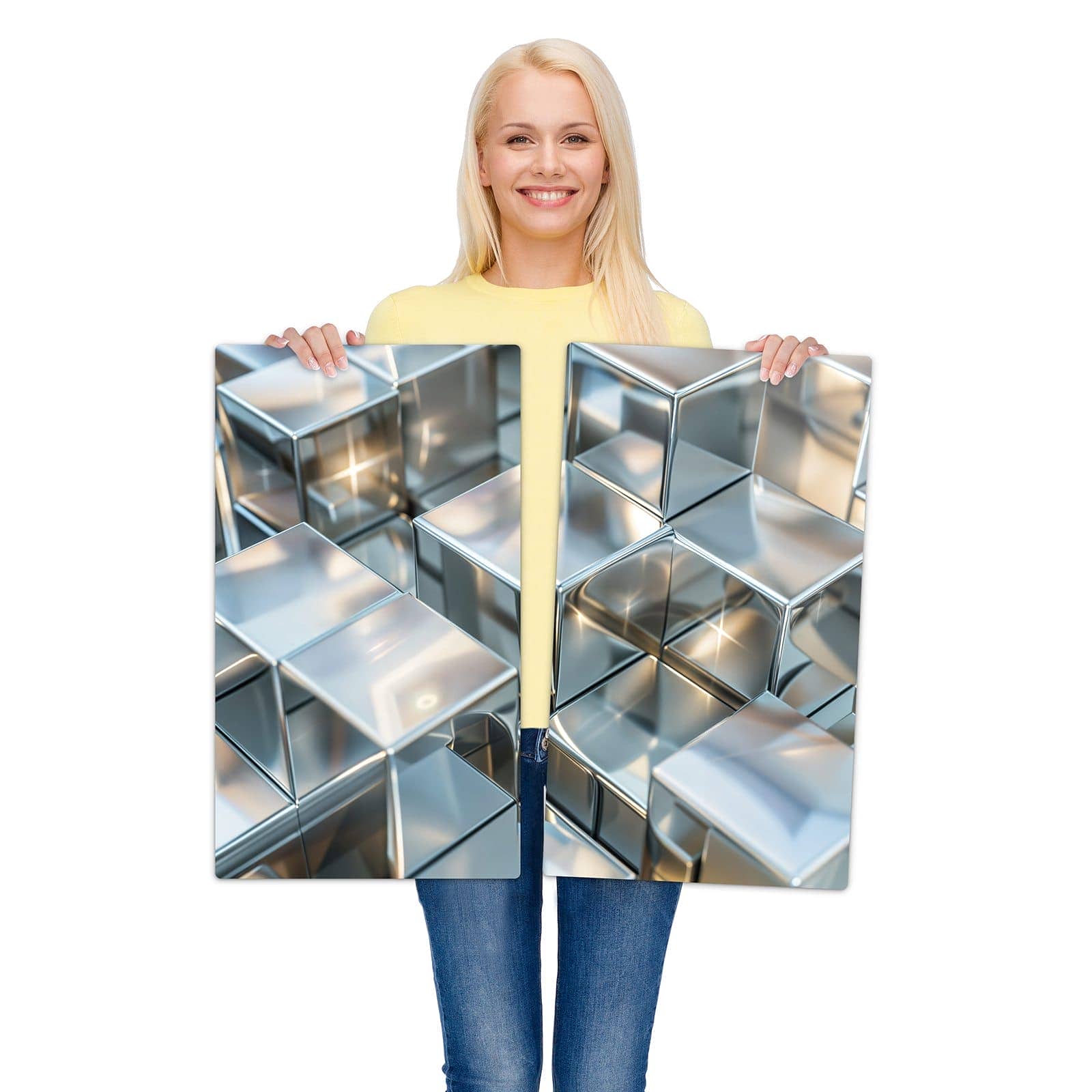 2-teilige Herdplattenabdeckung mit Metallische Würfel-Motiv wird zur Größendarstellung gehalten