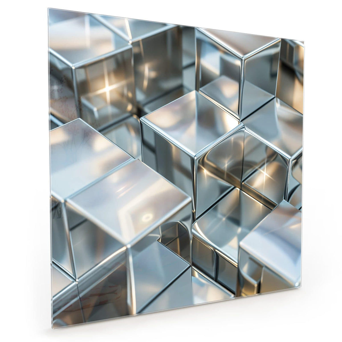 Küchenrückwand aus Glas im quadratischen Format mit Motiv Metallische Würfel: Dicht gestapelte, spiegelnde Chromwürfel mit Lichtreflexen #grösse_40 x 40 cm #grösse_50 x 50 cm #grösse_60 x 60 cm