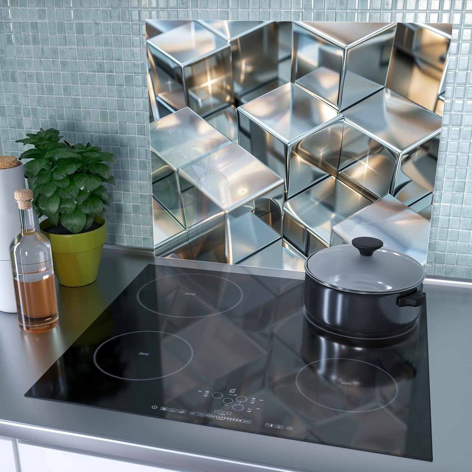 1-teilige Glasabdeckplatte für Ceranfeld mit Metallische Würfel-Motiv als Spritzschutz hinter dem Kochfeld