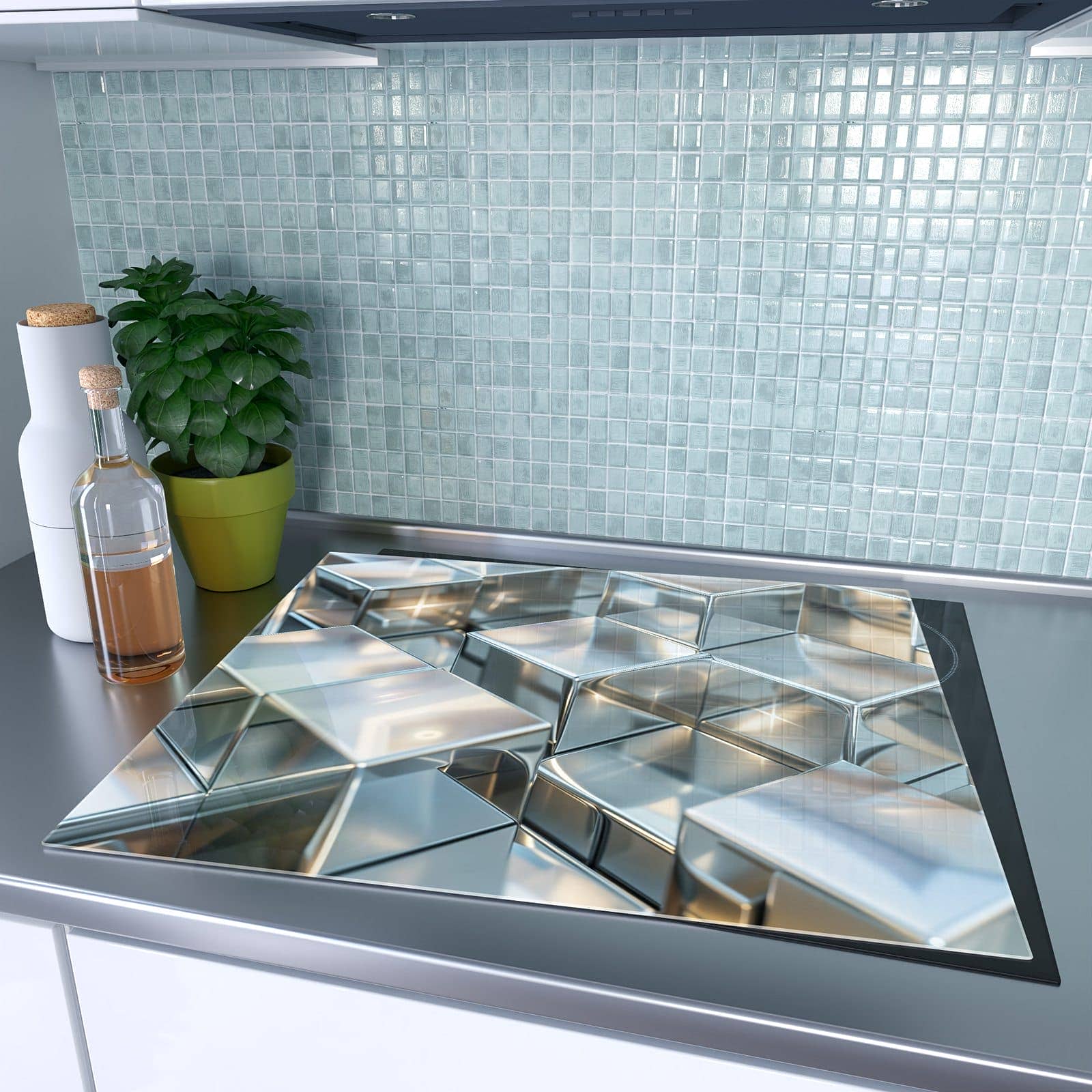 1-teilige Herdabdeckung für Induktionsfeld mit Metallische Würfel-Motiv auf dem Ceranfeld