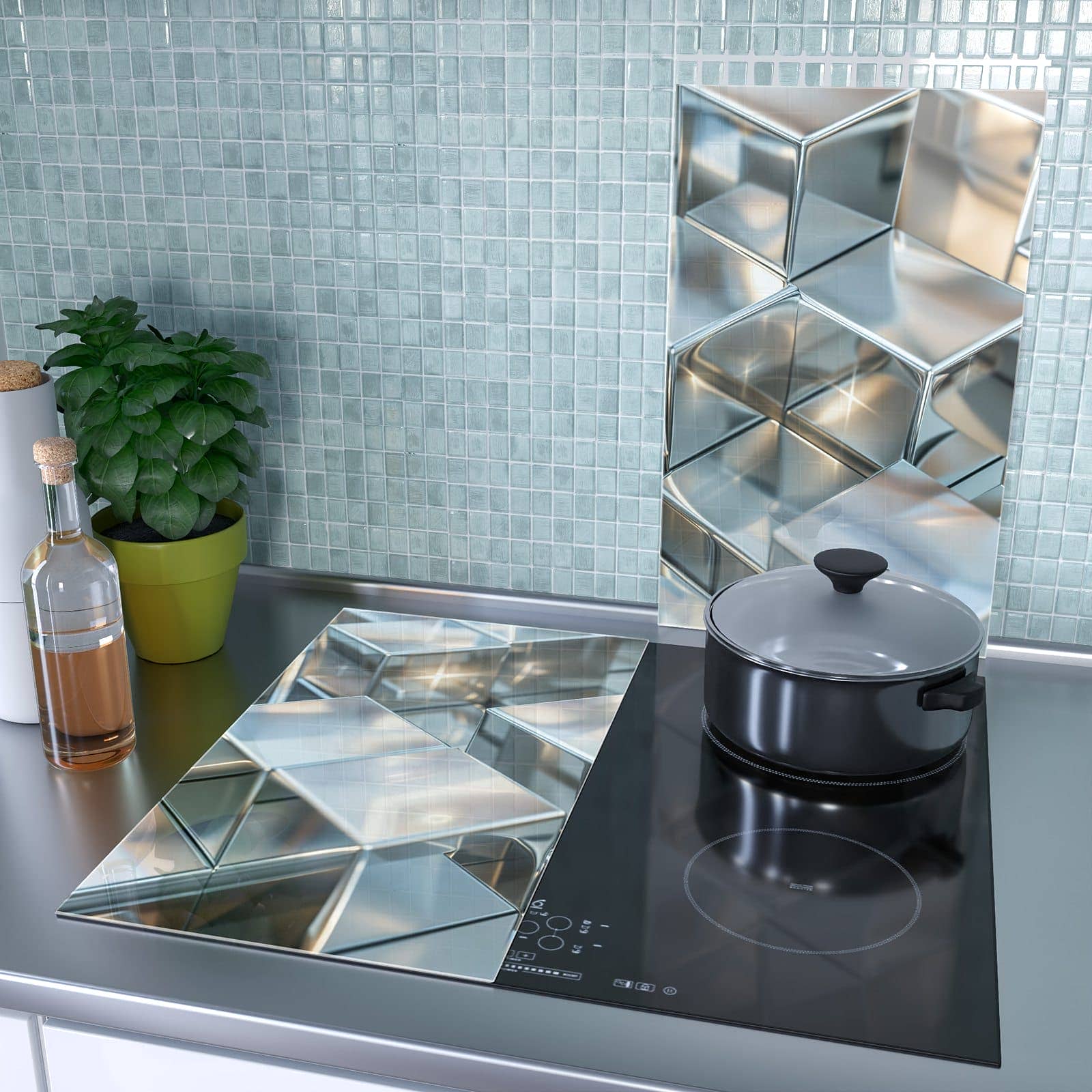 2-teilige Glasplatte für Herd mit Metallische Würfel-Motiv als Spritzschutz hinter dem Kochfeld