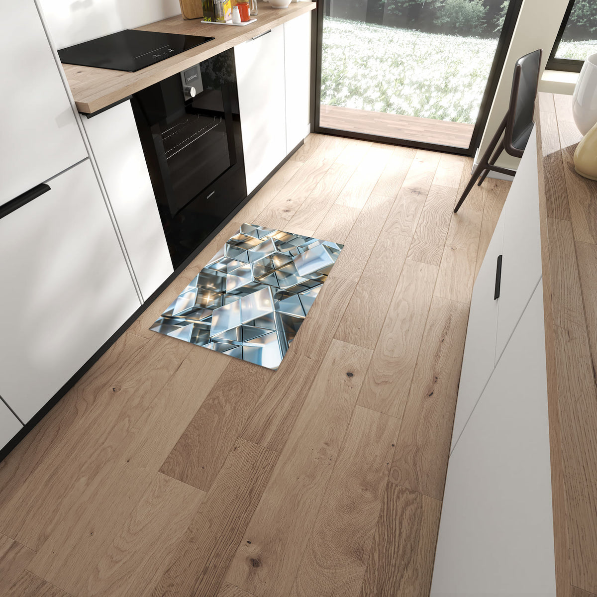 Flacher Bodenläufer mit Motiv Metallische Würfel in moderner Küche
