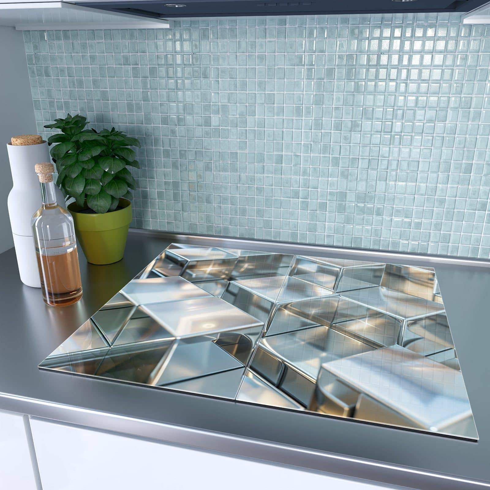 2-teilige Herdabdeckplatte mit Metallische Würfel-Motiv auf dem Ceranfeld