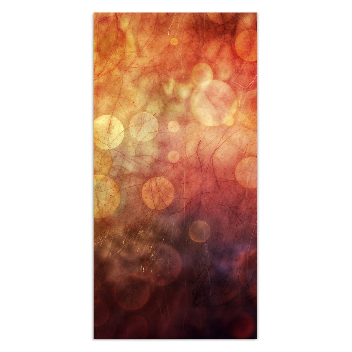 Wandbild aus Glas mit Motiv Abstrakte Kreise: Unscharfe Lichtkreise in Orange, Rot und Violett über dunklem Grund #grösse_30 x 60 cm #grösse_40 x 80 cm #grösse_50 x 100 cm #grösse_55 x 110 cm #grösse_60 x 120 cm