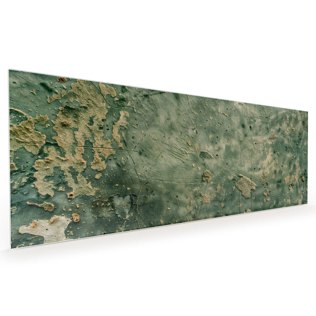 Küchenrückwand aus Glas im Hochformat mit Motiv Grüne Patina: Graugrüne Wand mit durchscheinenden beigen Putzflecken und feinen Kratzern #grösse_40 x 100 cm #grösse_50 x 125 cm #grösse_60 x 150 cm