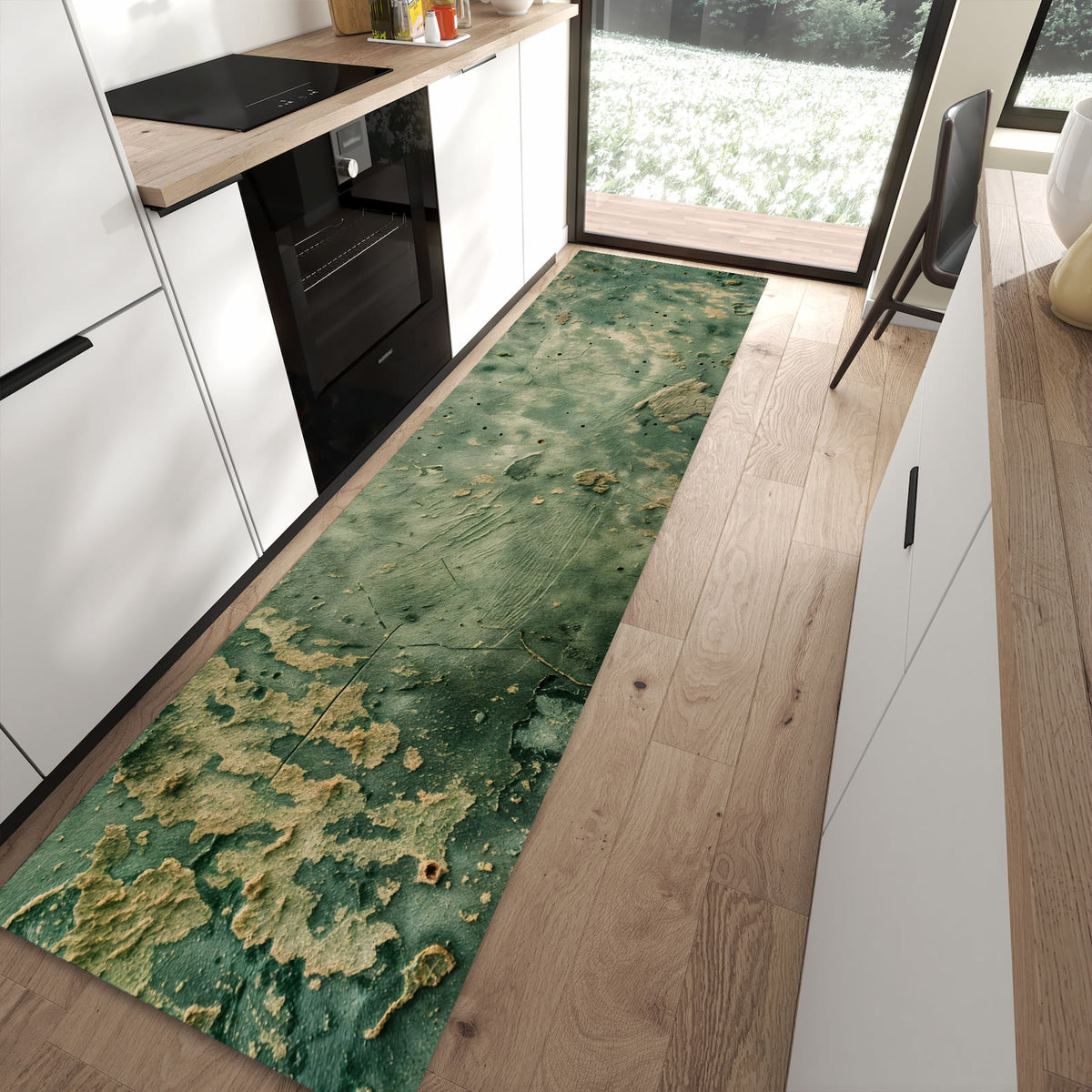 Hygienischer Küchenteppich mit Motiv Abblätternde Wandfarbe in moderner Küche