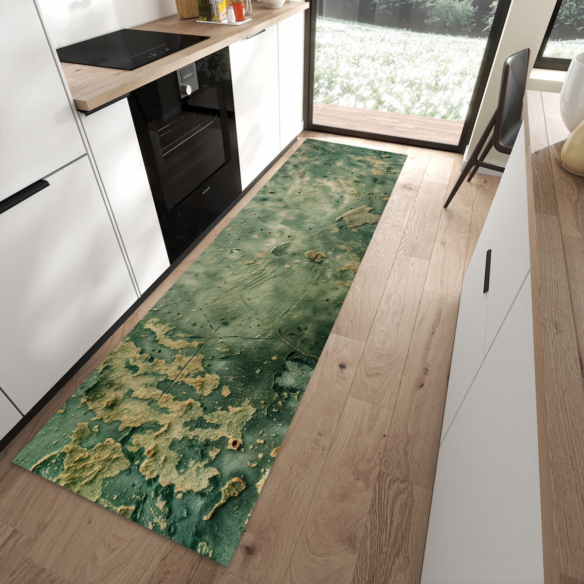Küchenteppich mit Motiv Abblätternde Wandfarbe für angenehme Haptik in moderner Küche