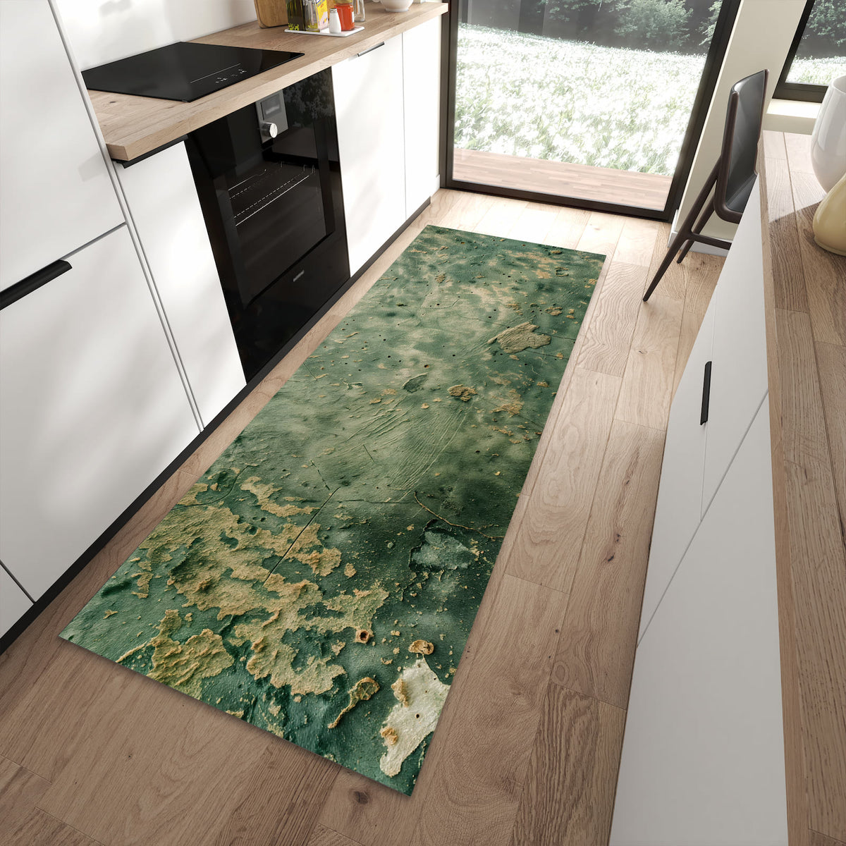 Waschbarer Küchenläufer mit Motiv Abblätternde Wandfarbe in moderner Küche