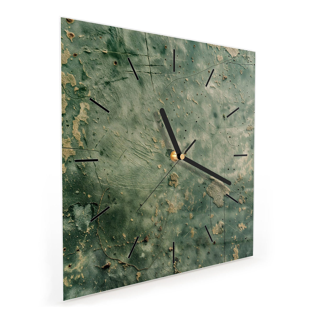 Quadratische Wanduhr aus Glas Grüne Patina schräg von der Seite, 4 mm starkes Glas