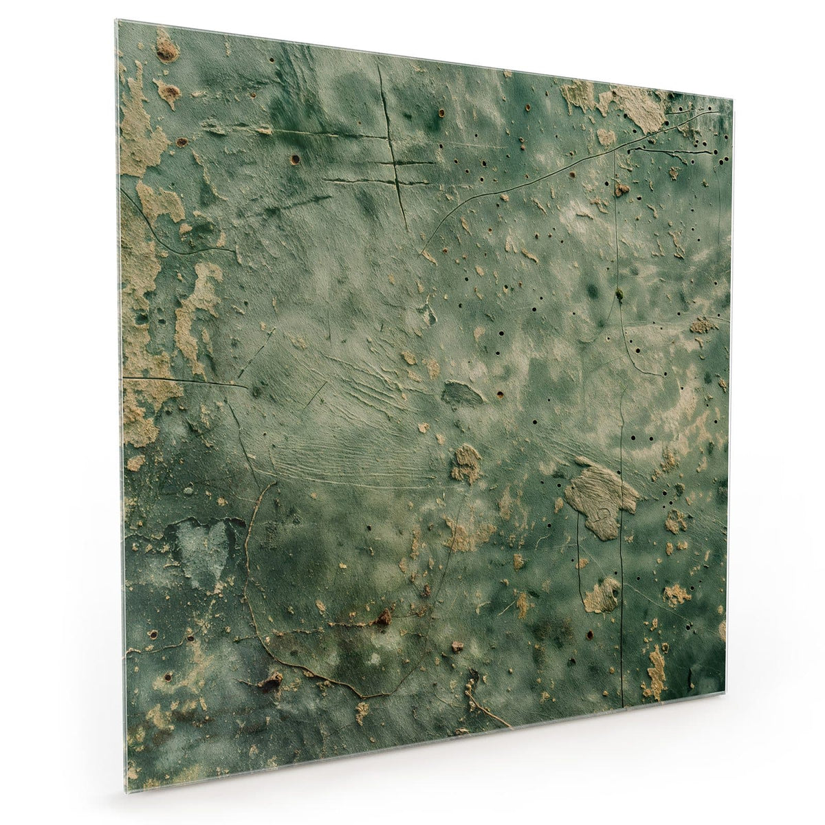Küchenrückwand aus Glas im quadratischen Format mit Motiv Grüne Patina: Graugrüne Wand mit durchscheinenden beigen Putzflecken und feinen Kratzern #grösse_40 x 40 cm #grösse_50 x 50 cm #grösse_60 x 60 cm