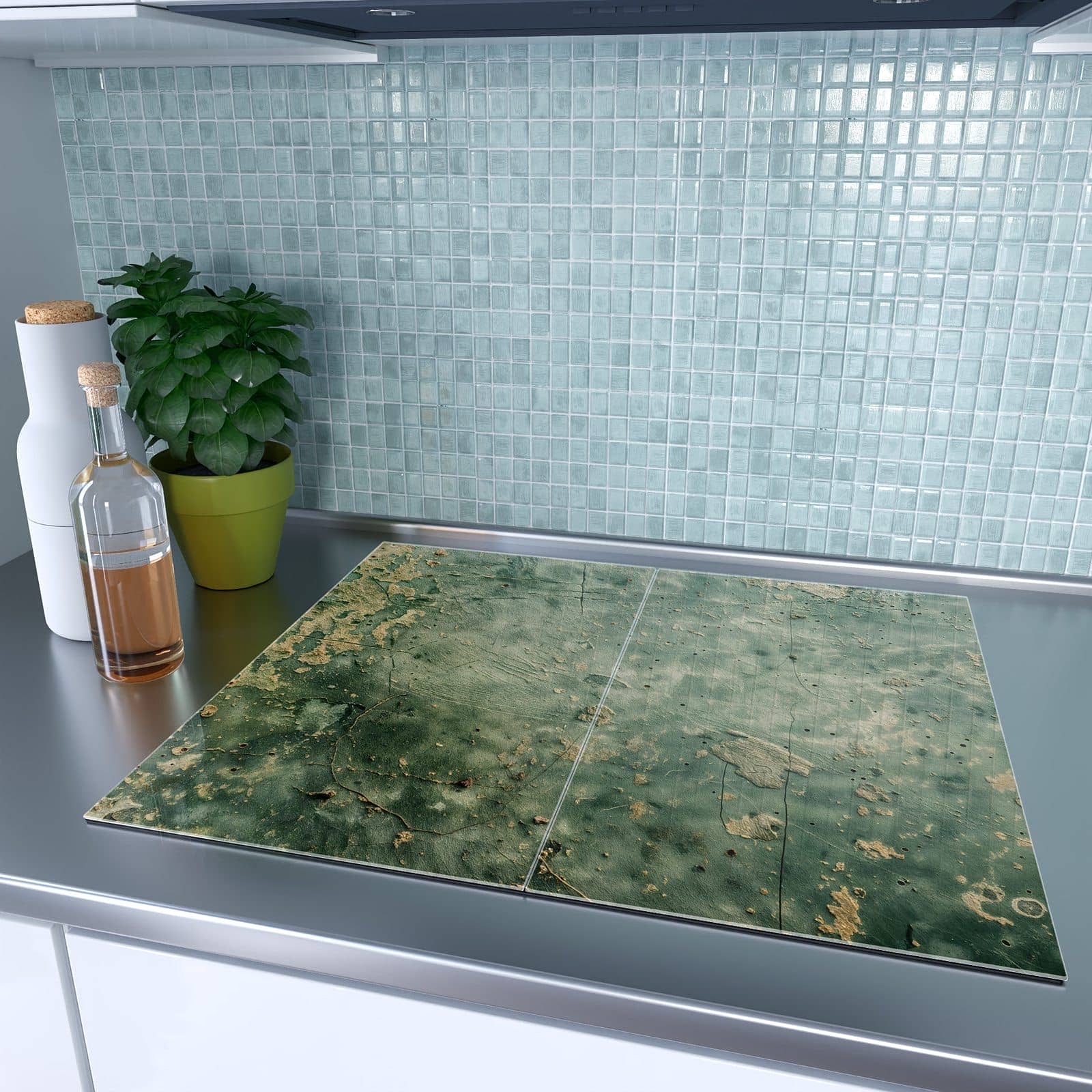 2-teilige Herdabdeckplatten für Ceranfeld mit Verwitterte Wandfarbe-Motiv in der modernen Küche