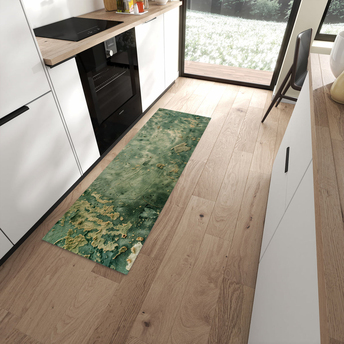 Geruchsneutraler abwaschbarer Küchenteppich mit Motiv Abblätternde Wandfarbe in moderner Küche