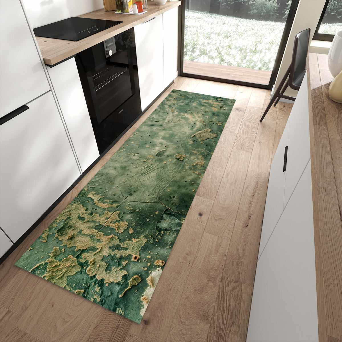 Pflegeleichter Küchenteppich mit Motiv Abblätternde Wandfarbe in moderner Küche