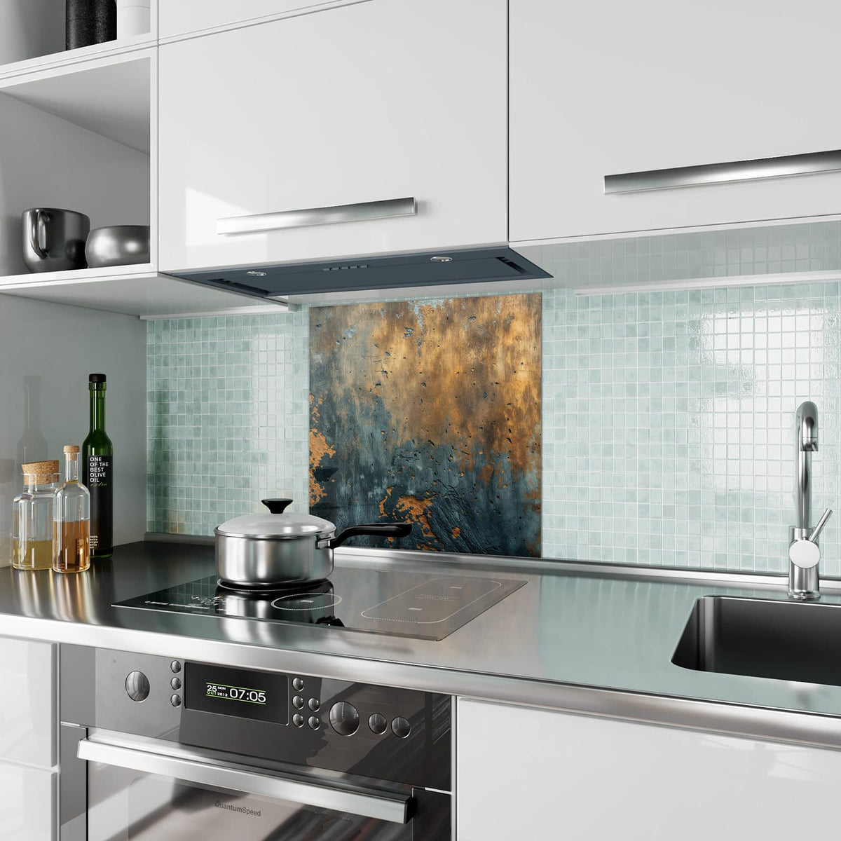 Küchenrückwand Rost über Schiefer aus Glas – Rost und Blau im Wabi-Sabi-Stil