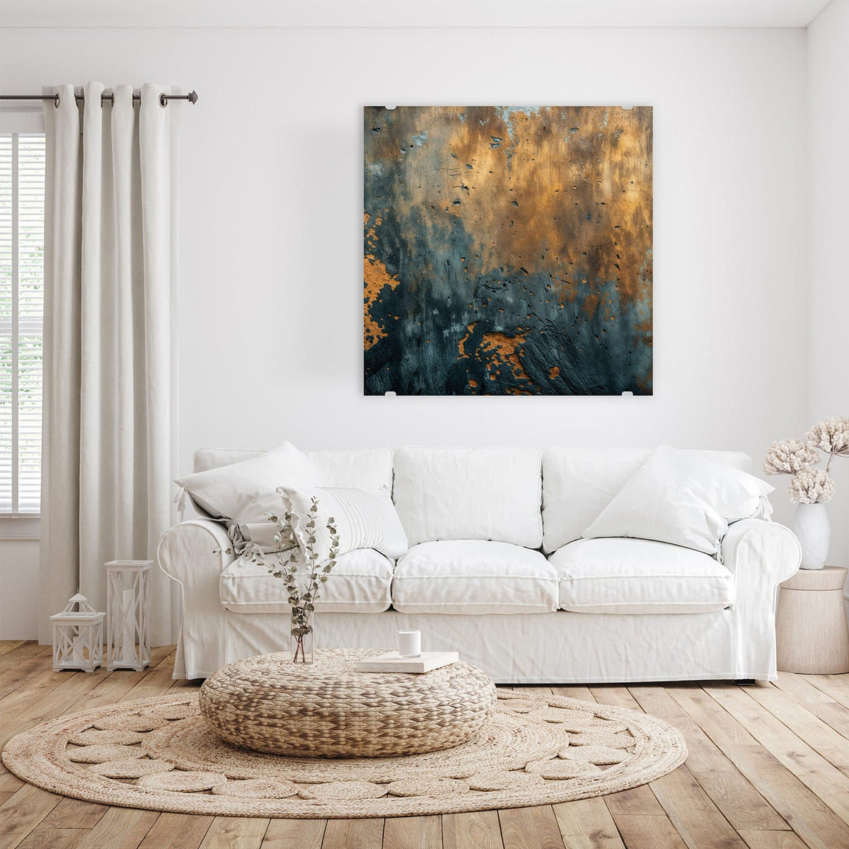 Glasbild Rost über Schiefer an der Wand – Oben rostig-goldene, unten schiefergrau-blaue verwitterte Metall-/Steinfläche