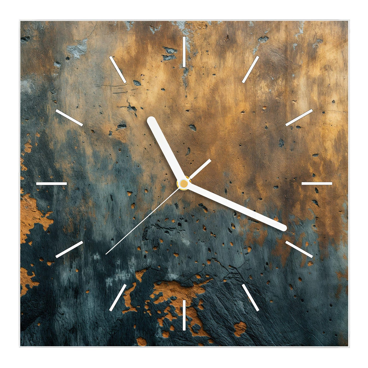 Wanduhr aus Glas, Ziffernblatt Linie: Oben rostig-goldene, unten schiefergrau-blaue verwitterte Metall-/Steinfläche