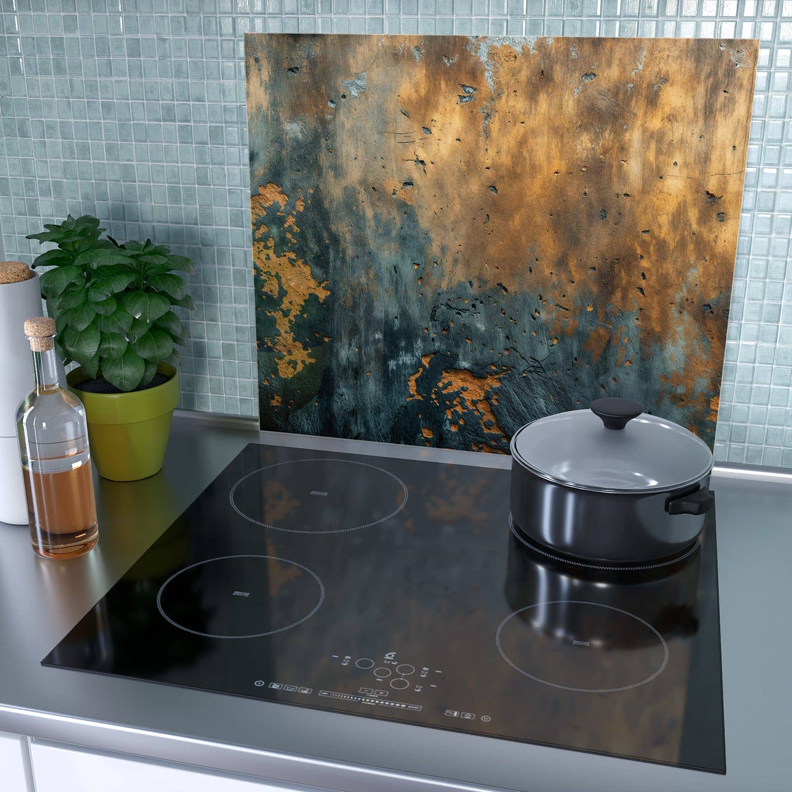 1-teilige Abdeckplatten für Ceranfeld mit verwitterte Wand-Motiv als Spritzschutz hinter dem Kochfeld