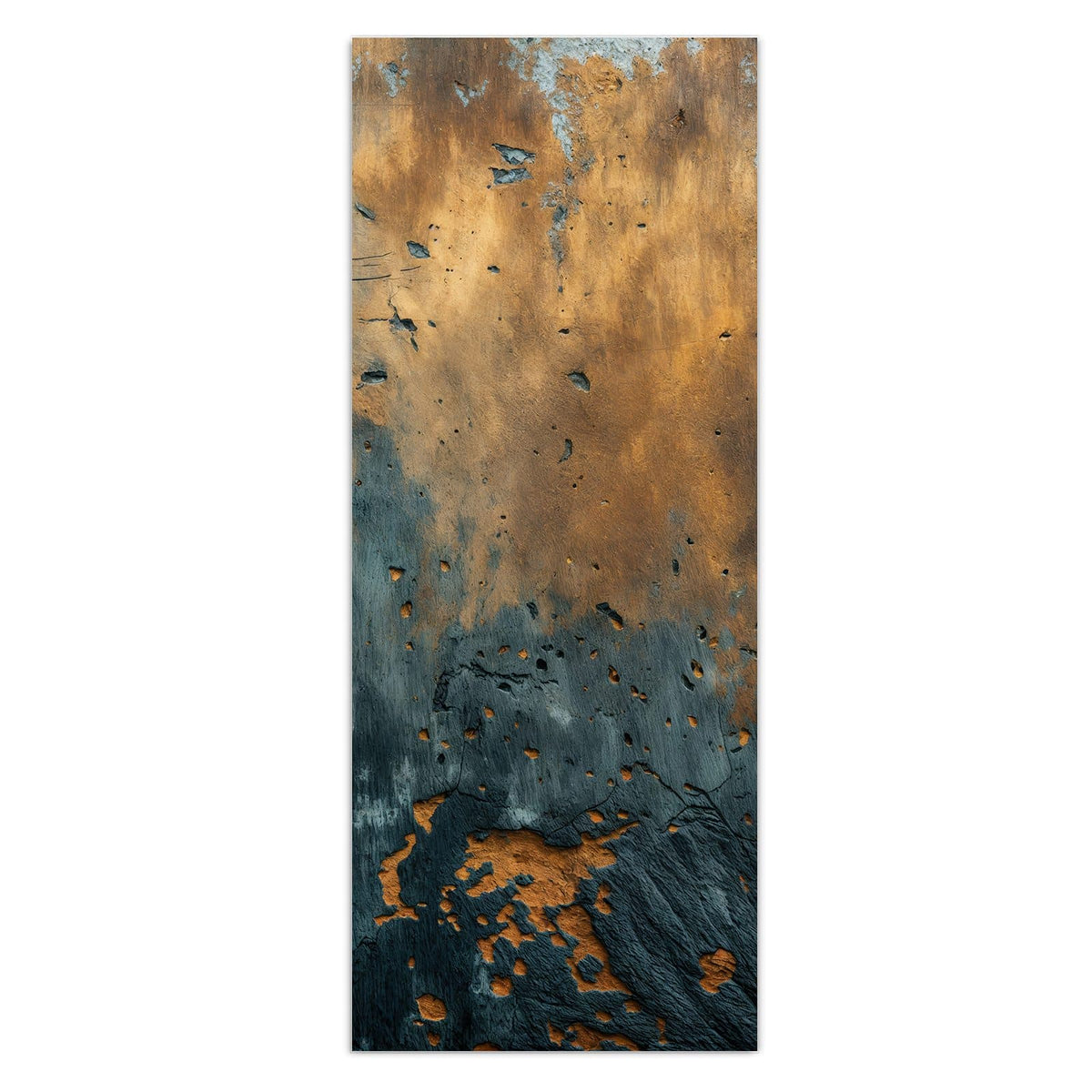 Oben rostig-goldene, unten schiefergrau-blaue verwitterte Metall-/Steinfläche