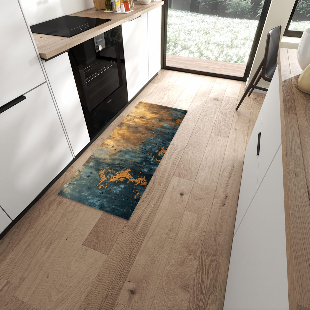 Ordnungsschaffender Küchenläufer mit Motiv verwitterte Wand in moderner Küche #grösse_60 x 150 cm