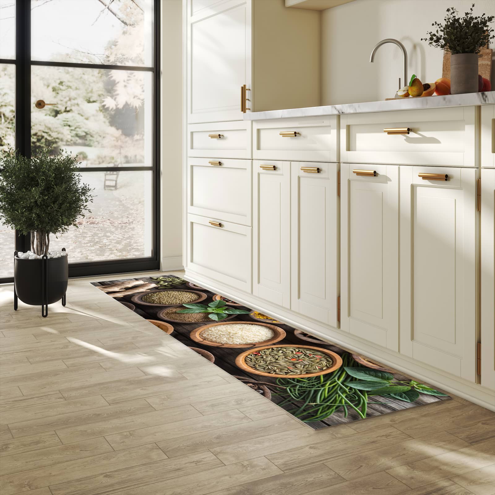 Bodenschonender Küchenteppich mit Motiv Verschiedene Gewürze in heller Küche