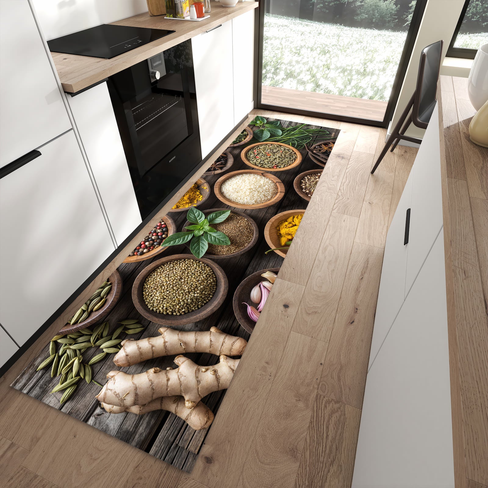 Waschbarer Küchenläufer mit Motiv Verschiedene Gewürze in moderner Küche