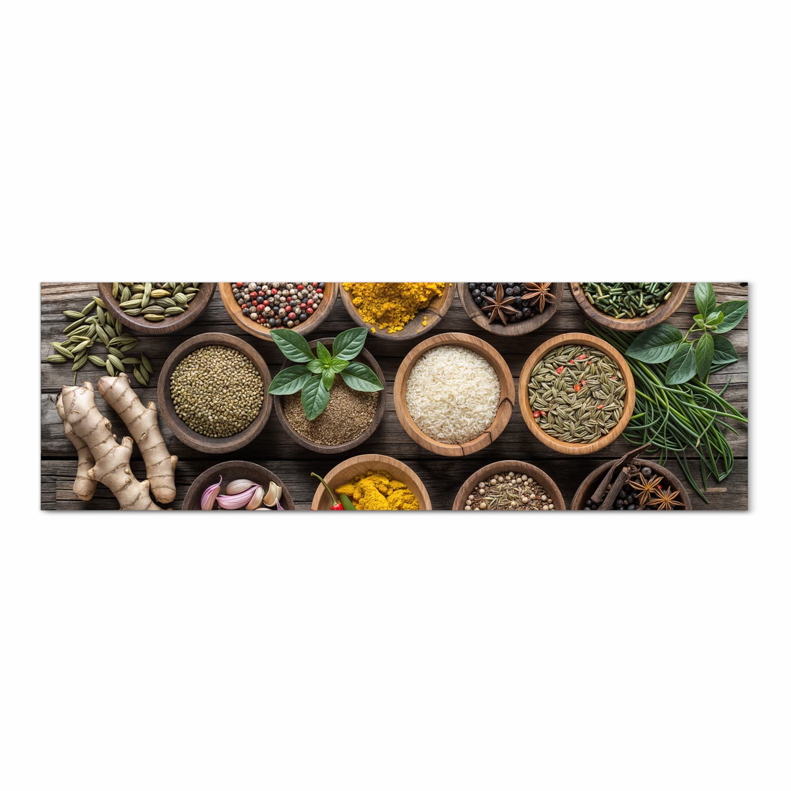 Fleckenresistenter großer Küchenteppich mit Motiv Verschiedene Gewürze in Frontansicht