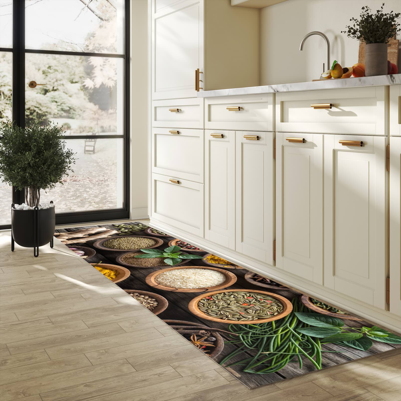 Zeitsparender Läufer Küche mit Motiv Verschiedene Gewürze in heller Küche