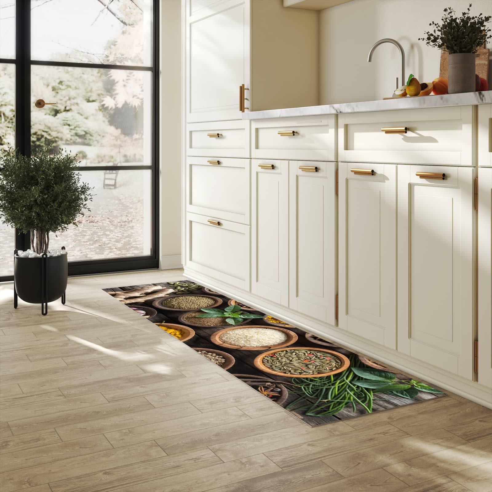 Feuchtigkeitsresistenter Teppich für Küche mit Motiv Verschiedene Gewürze in heller Küche