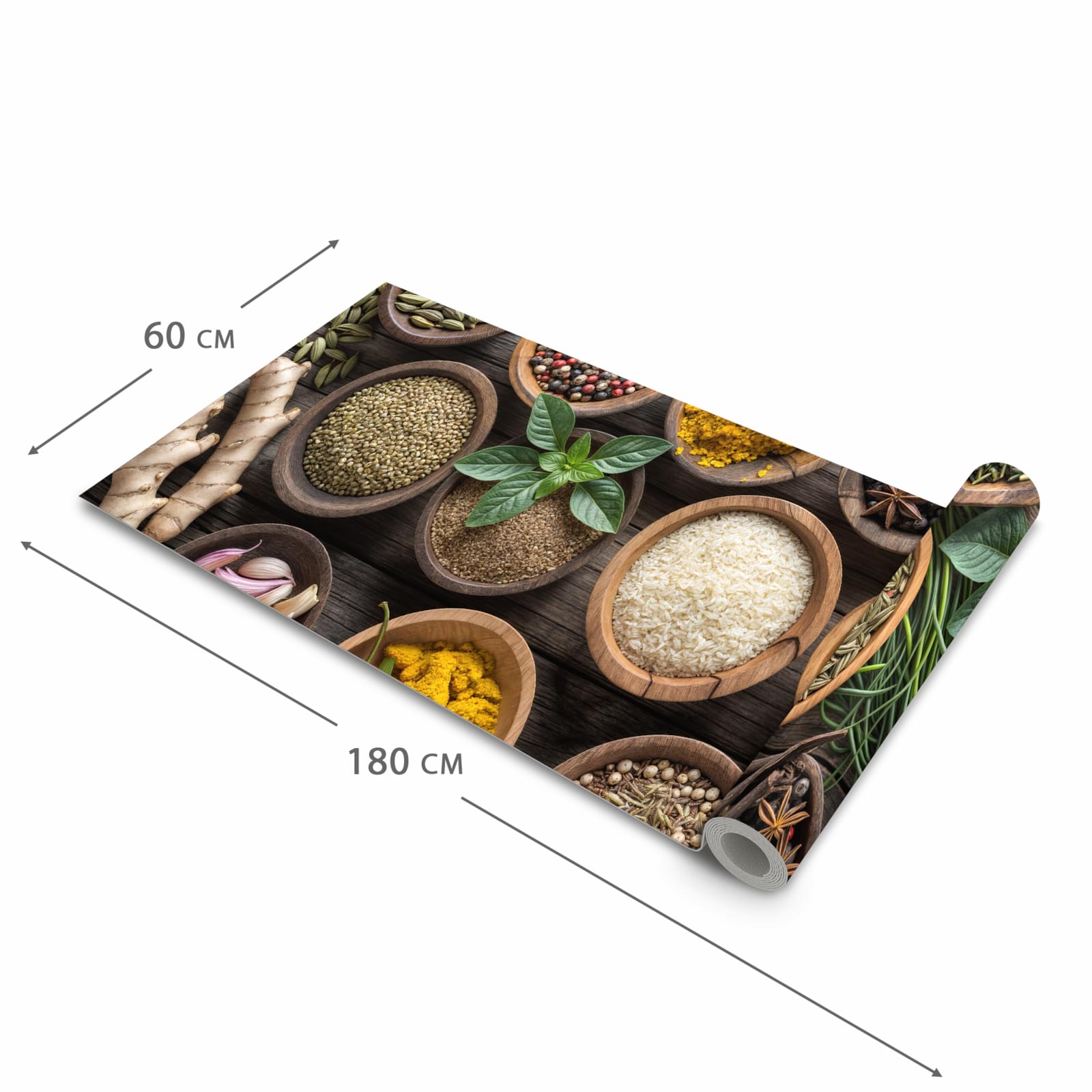 Bodenschonender Küchenteppich mit Motiv Verschiedene Gewürze in der Grösse 90x240 cm, waschbar