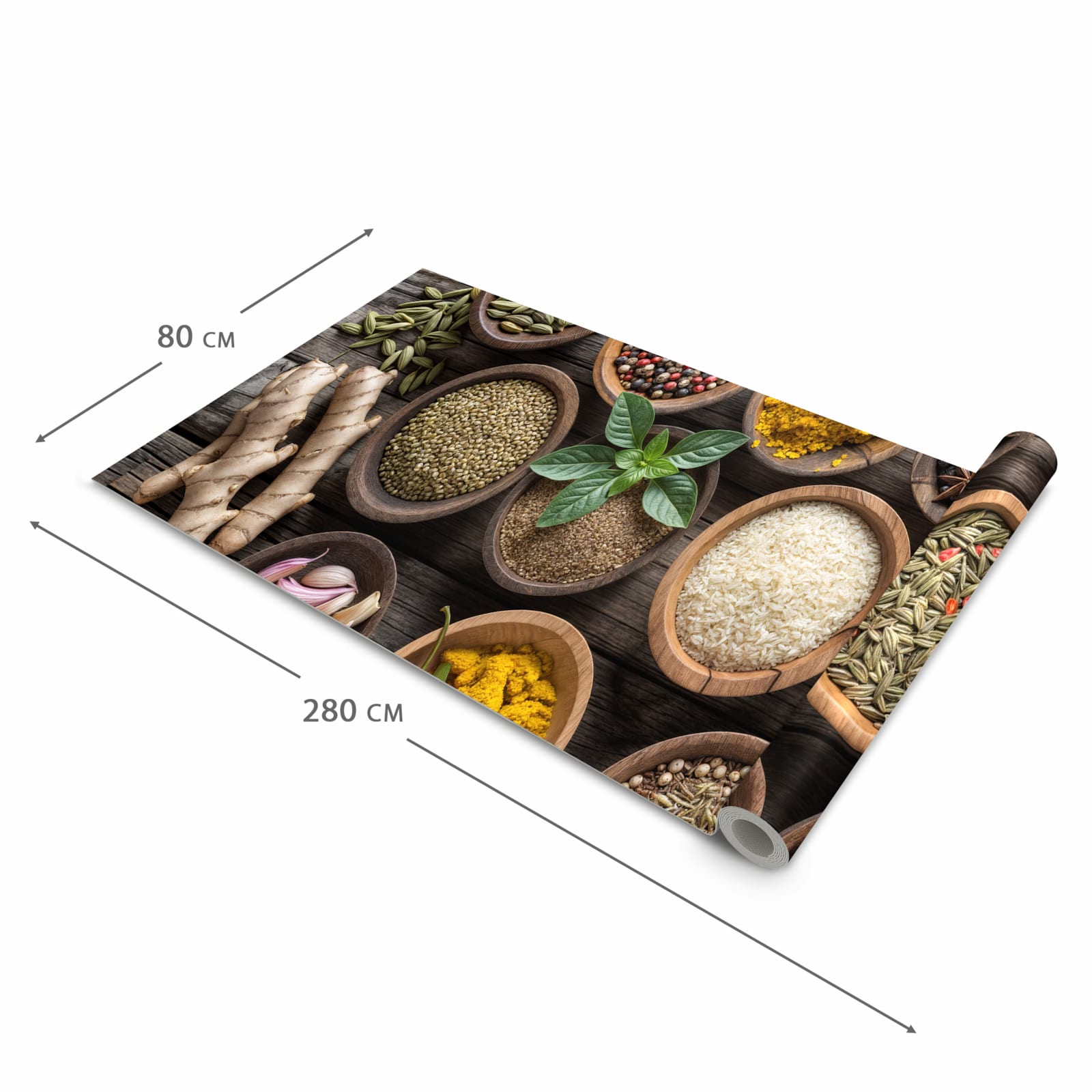 Geräuschdämpfender waschbarer Küchenläufer mit Motiv Verschiedene Gewürze in der Größe 90x240 cm