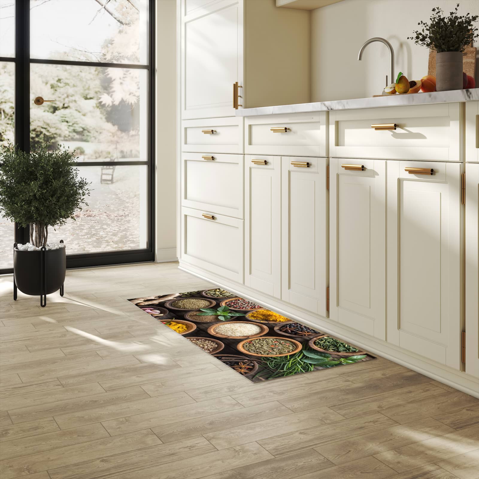 Langlebiger Küchenläufer mit Motiv Verschiedene Gewürze in heller Küche