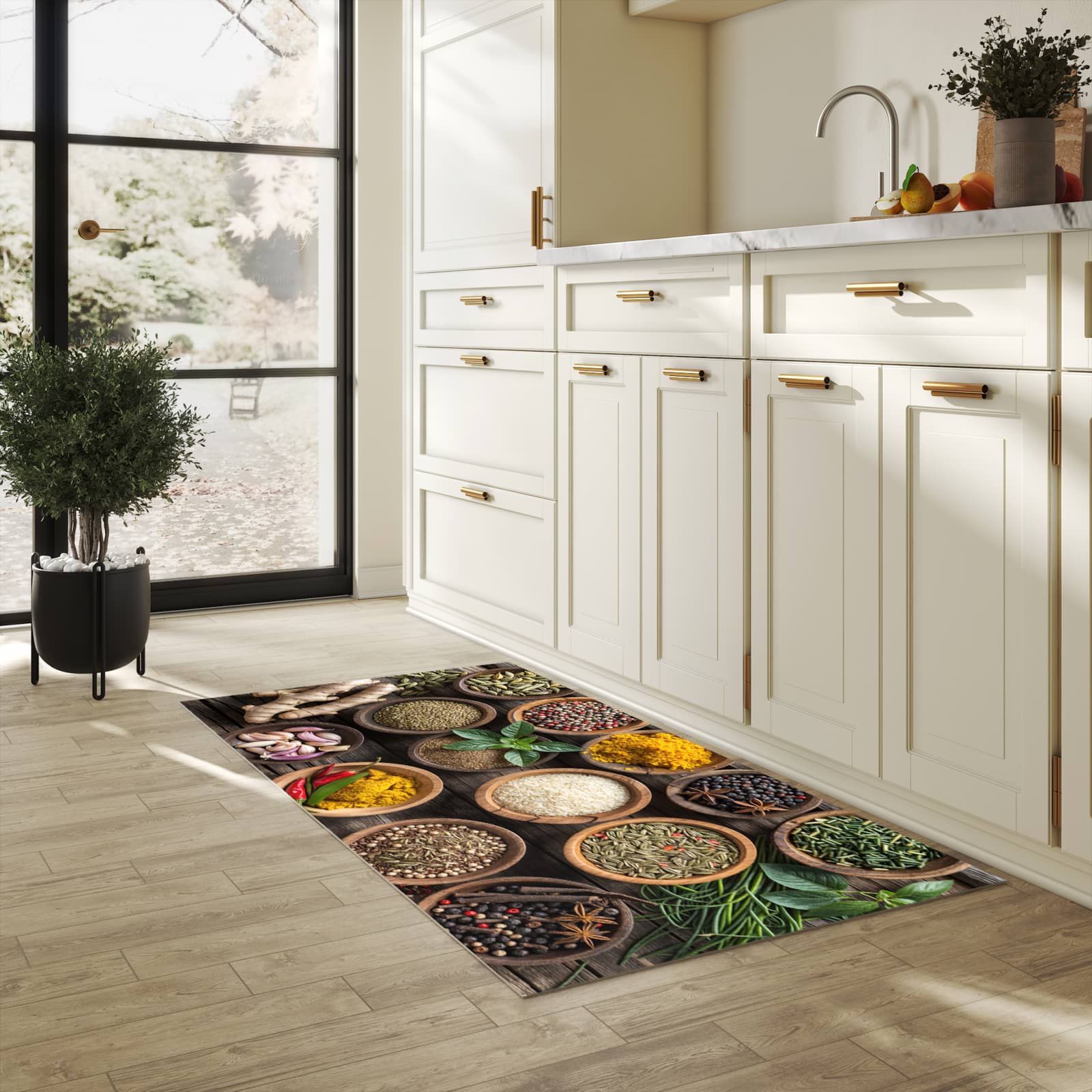 Geräuschdämpfender Küchenläufer mit Motiv Verschiedene Gewürze in heller Küche