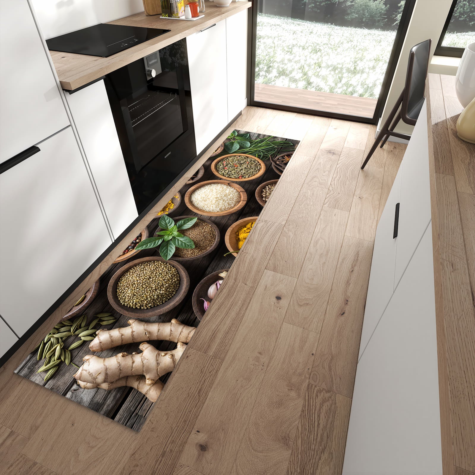 Komfortabler Küchenteppich mit Motiv Verschiedene Gewürze in moderner Küche