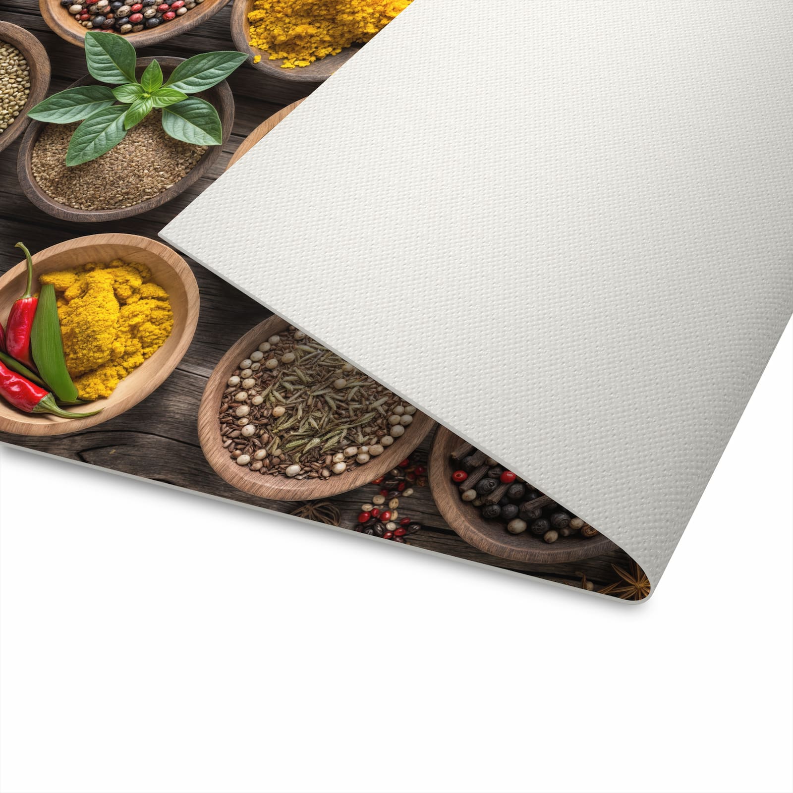 Waschbarer Küchenläufer mit Motiv Verschiedene Gewürze in der Unterseite