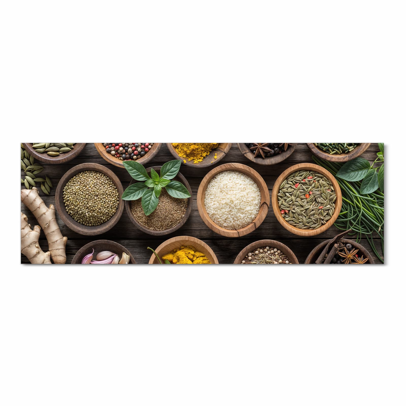 Geräuschdämpfender Küchenteppich mit Motiv Verschiedene Gewürze in Frontansicht