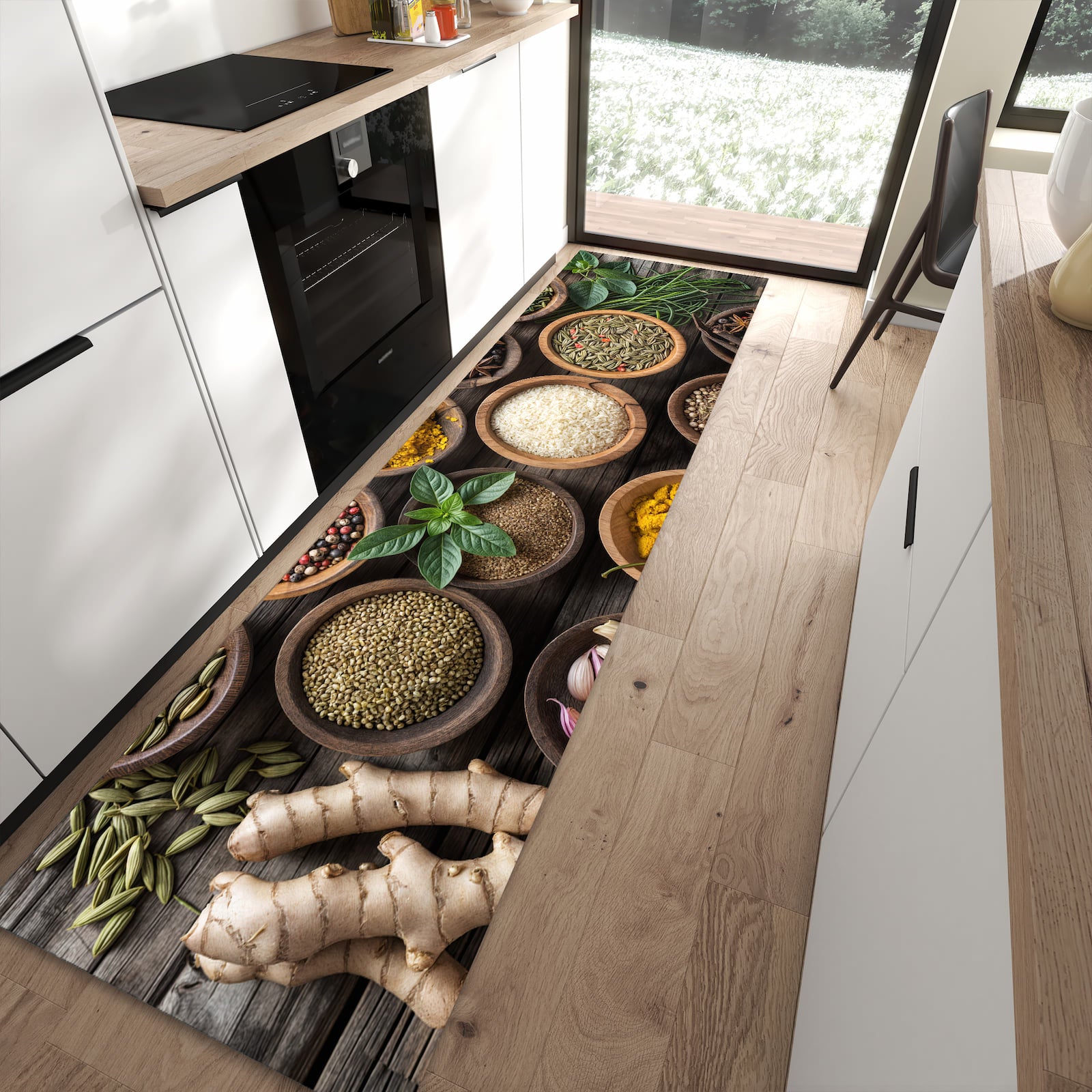 Langlebiger Küchenläufer mit Motiv Verschiedene Gewürze in moderner Küche