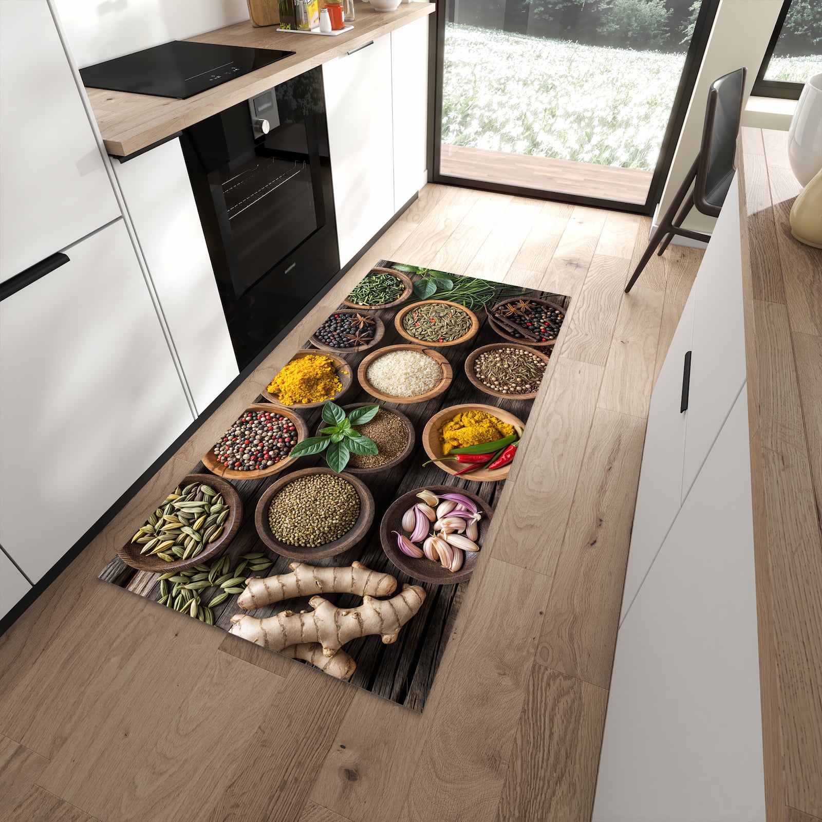 Rutschfester Küchenläufer mit Motiv Verschiedene Gewürze in moderner Küche